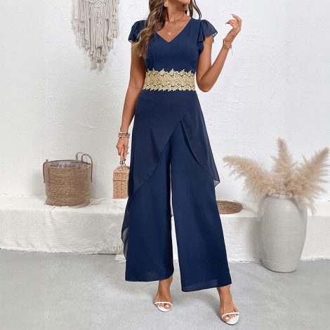 Lace V-neck Stitching Women's Jumpsuit