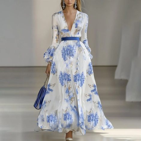 Printed Elegant Catwalk Party Holiday Women's High Sense Long Dress