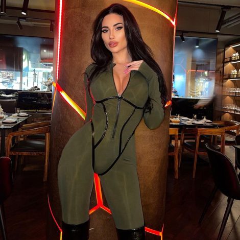 Fashion Sports Leather Ribbon Split Line Long Sleeve Zipper Skinny Hip Raise Jumpsuit