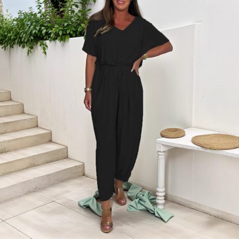V-neck Jumpsuit Lace-up Waist Loose Solid Color Suit