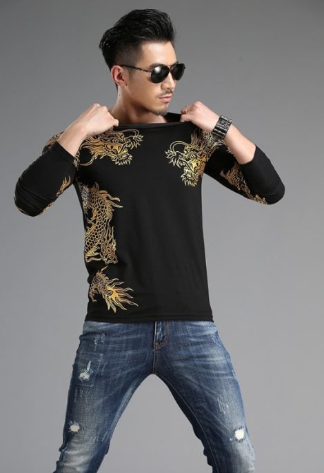 Chinese style  tide male Long sleeve t-shirt round neck Slim 3D dragon shirt Lycra cotton