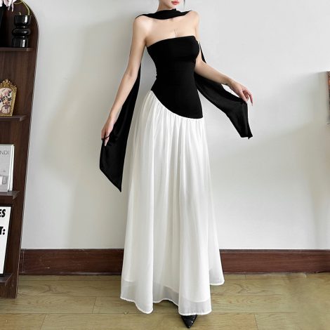 Women's Design Sense Fake Two-piece Contrast Color Scarf Dress