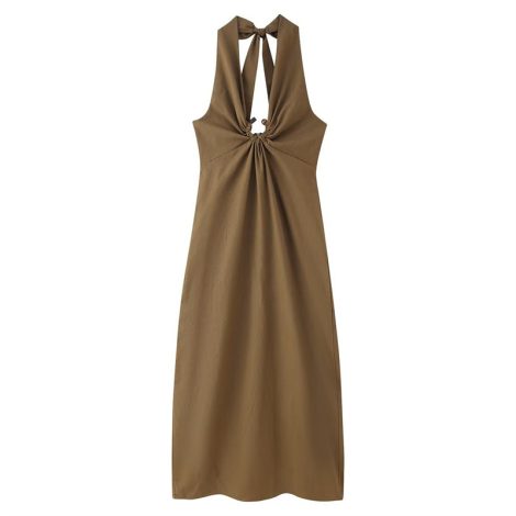 Linen Blended Buckle Decoration Midi Skirt Halter Dress