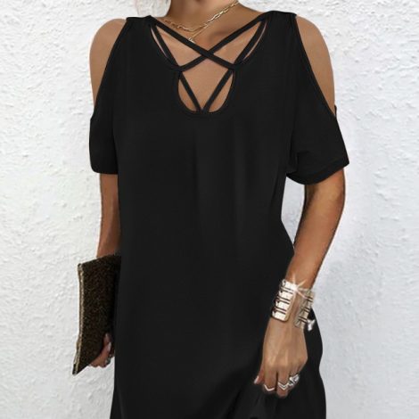 Women's Solid Color Simple Dress, Loose Short Sleeved Skirt With Hip Wrap, Casual Versatile Dress