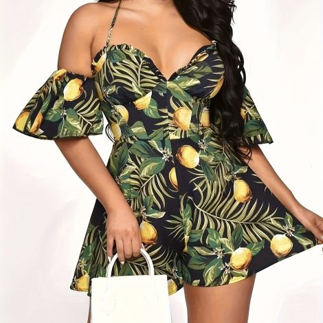 Ladies' Elegant All Inclusive Printed Off Shoulder Short Ruffled Sleeves Sexy V-neck Vacation Sexy Jumpsuit