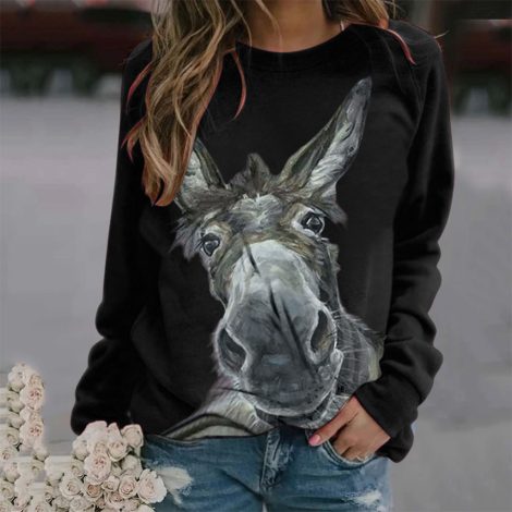Loose Round Neck Donkey Head Floral Print Long Sleeve Pullover