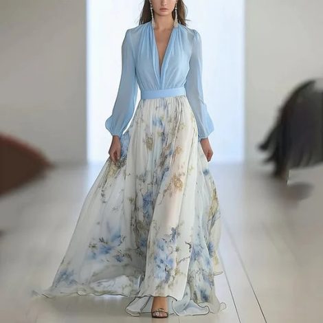 Printed Long Sleeve V-neck Stitching Dress
