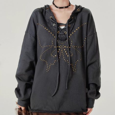 Retro Hooded Sweater Women's Rivet Lace-up V-neck Loose Top
