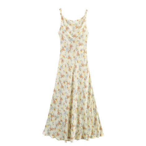 New Summer Ethnic Style Floral Silk Satin Texture Printing Slip Dress