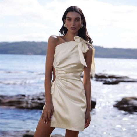French Style Crossbody Bow Waist Slit Temperament Pure Color Dress