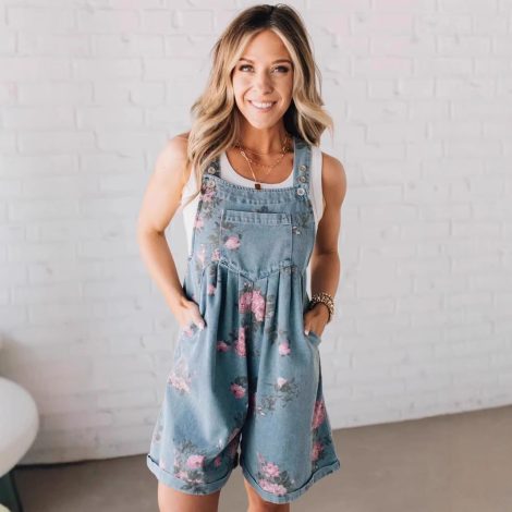Retro One-piece Fashion Floral Denim Shorts
