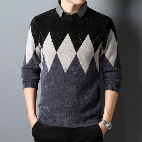 Men's Diamond Block Fake Two-piece Imitation Mink Bottoming Shirt