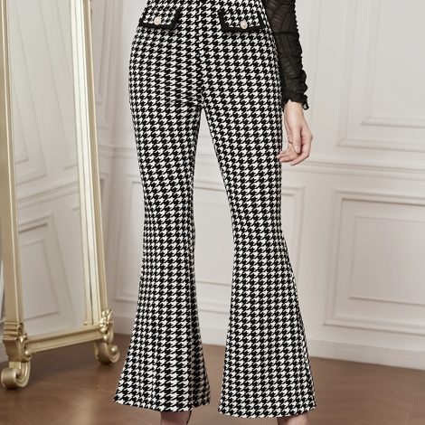 Women's Versatile Pants With Contrasting Colors, High Waisted Front Fake Pocket, Casual And Elegant Style, Hound Print Flared Pants
