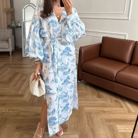 Vintage Ink Print Long Sleeve Cardigan Tied Dress