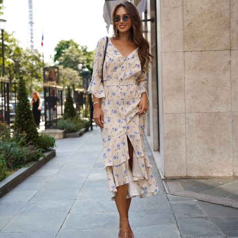 Asymmetric V-neck Flared Sleeves Floral Dress