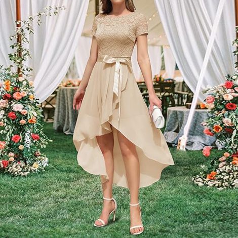 Lace Chiffon Ruffled High Slit Waist Round Neck Evening Dress Skirt