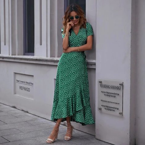 V-neck Chiffon Printed Ruffles Tied Dress
