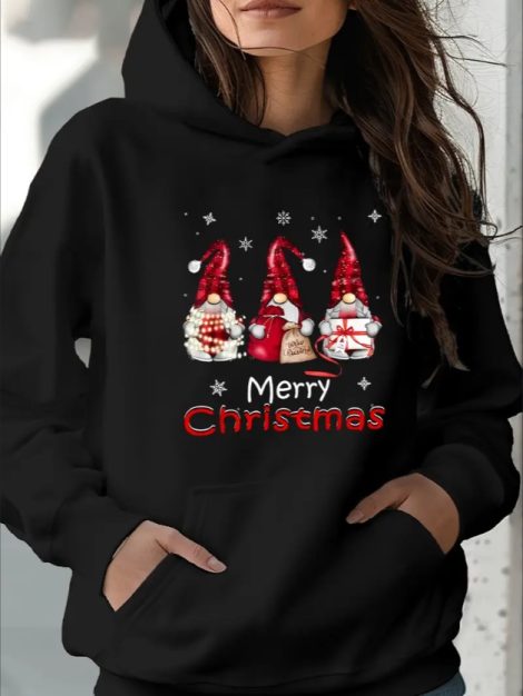 Christmas Greeting Print Hoodie For Women, Active Long Sleeve, Street Style, Fashionable Hooded Sweatshirt, Soft And Comfortable With Kangaroo Pocket, For All Seasons