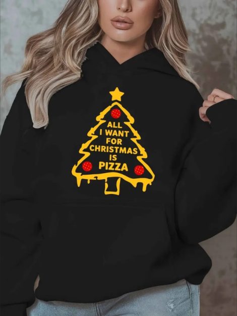 Women'S Oversized Hooded Sweatshirt With Christmas Tree & Pizza Graphic,  Pullover With Pockets, Casual Fall Winter Long-Sleeve Top