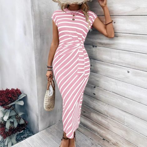 Elegant Waist Strap Striped Round Neck Short Sleeve And Long Pattern Dress