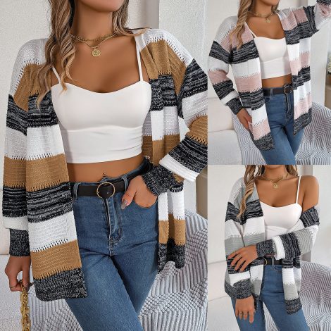 Casual Hollow Contrast Color Striped Lantern Sleeve Cardigan Sweater