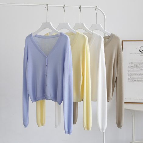 Spring And Summer V-neck Short Tencel Knitted Cardigan Pure Color All-matching