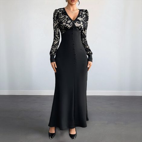 Retro V-neck Lace Stitching Long Sleeve Dress