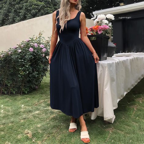European And American New Graceful And Fashionable Sling Square Collar Pleated Dress Women