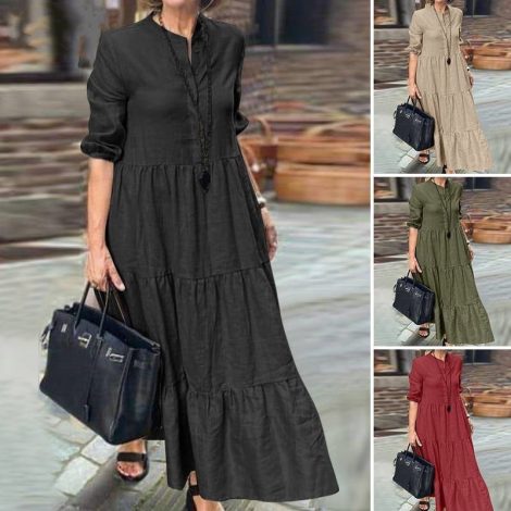 Women's Solid Color Wide Hem Casual Loose Lapel Cotton Linen Long Dress