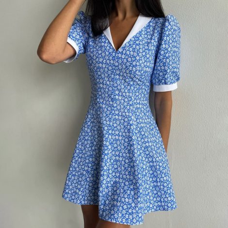 Lapel High-waist Blue Floral Dress