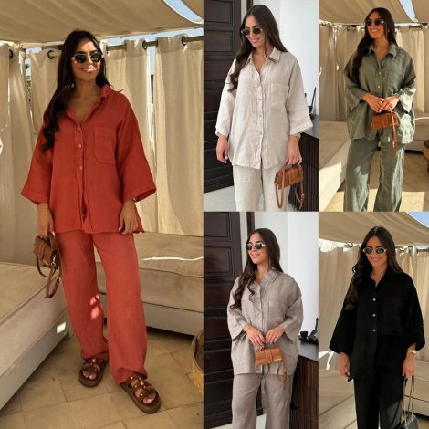 Casual Polyester Pocket Shirt Pants Suitable For Women's Wide Leg Pants, Long Sleeved Shirt Set, Women's Loose High Street Two-piece Set