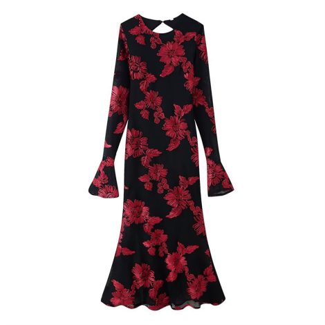 Slim-fit Three-dimensional Plate Flower Long Sleeve Backless Dress