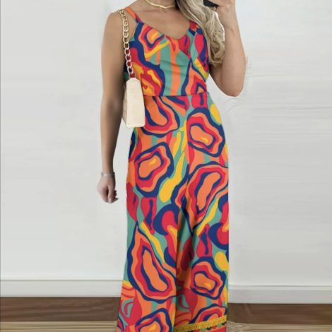 Ladies' Printed V-neck Fashionable Casual Jumpsuit