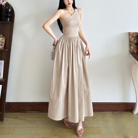Fashion Women's Wear Waist Slant Shoulder Sleeveless Dress