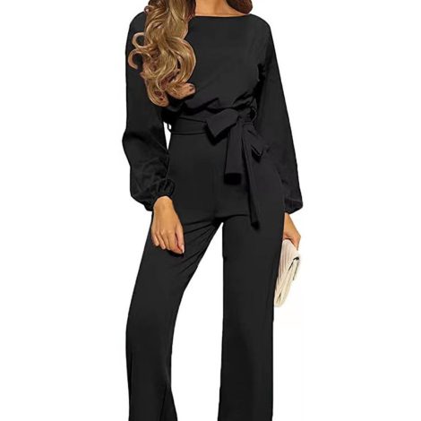 Women's Solid Color Long Sleeved Slim Fitting Jumpsuit With Strap Design