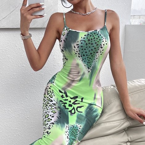 Ladies' Leopard Print Cross Shoulder Strap Backless Dress With A Banquet Vibe, Out Of The Street Fashion Bag Arm Long Skirt