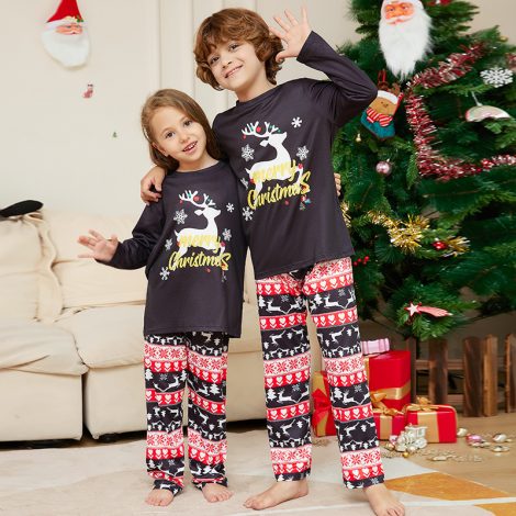 Christmas Cartoon Elk Letter Printing Round Neck Parent-child Home Wear Suit