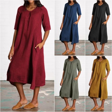 Round Neck Half Sleeve Long Solid Color Casual Cotton And Linen Dress