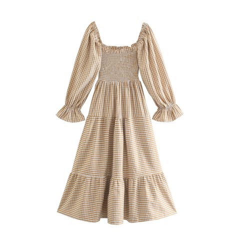 Female Leisure Khaki Plaid Elastic Flowy Dress