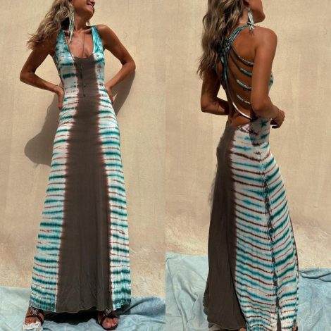 Positioning Printing Backless Lace Up Long Dress
