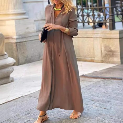 Women's Solid Color And V-neck Long Sleeve Simple Casual Dress