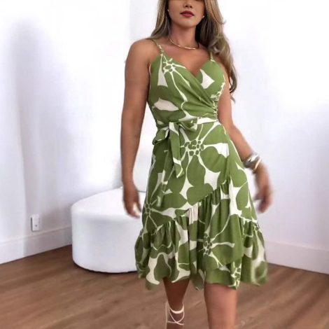Elegance Women's Cross Collar Belt Floral Print Dress