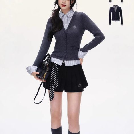 V-neck Fake Two-piece Knitted Cardigan For Women