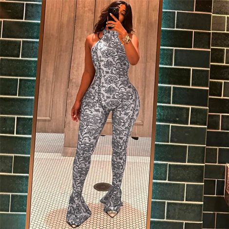 Women's Fashion Sexy Backless Halter Printed Slim-fit Sheath Jumpsuit