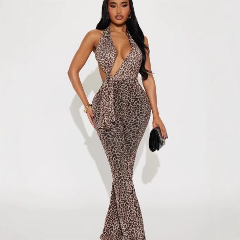 Women's Printed Leopard-print Backless Hip-lifting Jumpsuit