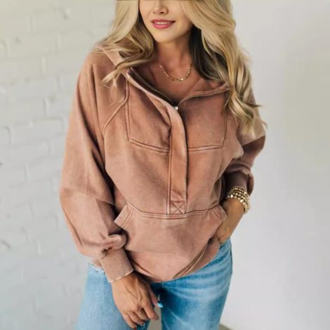 Women's Half Zipper Wash Hoodie Sweatshirt Sweater