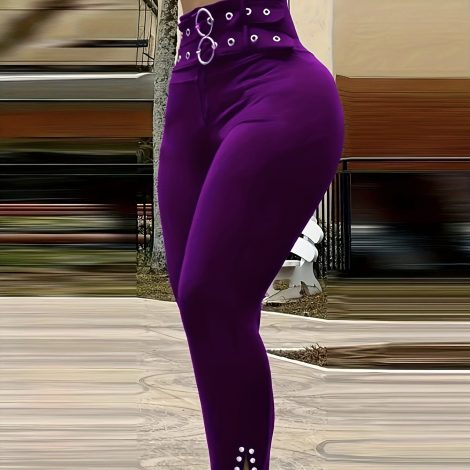 Ladies' Solid Color Fashionable High Waist Sexy Slim Fit With Eyelets Versatile Pants