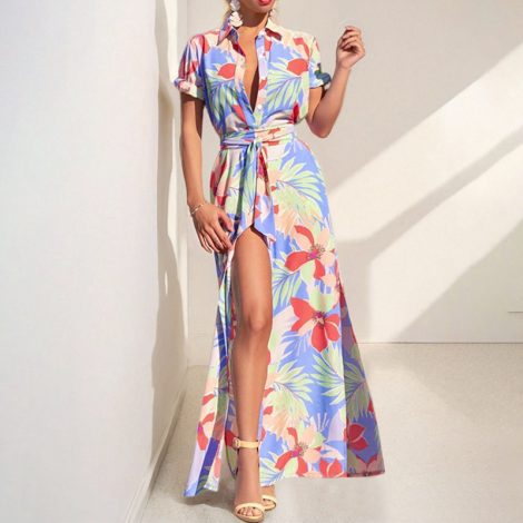 European American Fashion Floral Print Lapel Split Dress Women