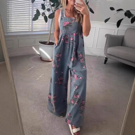 Fashion Denim Floral Print Sleeveless Strap Jumpsuit