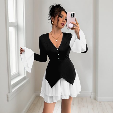 Long Sleeve Contrast Skirt Patchwork Ruffled Dress